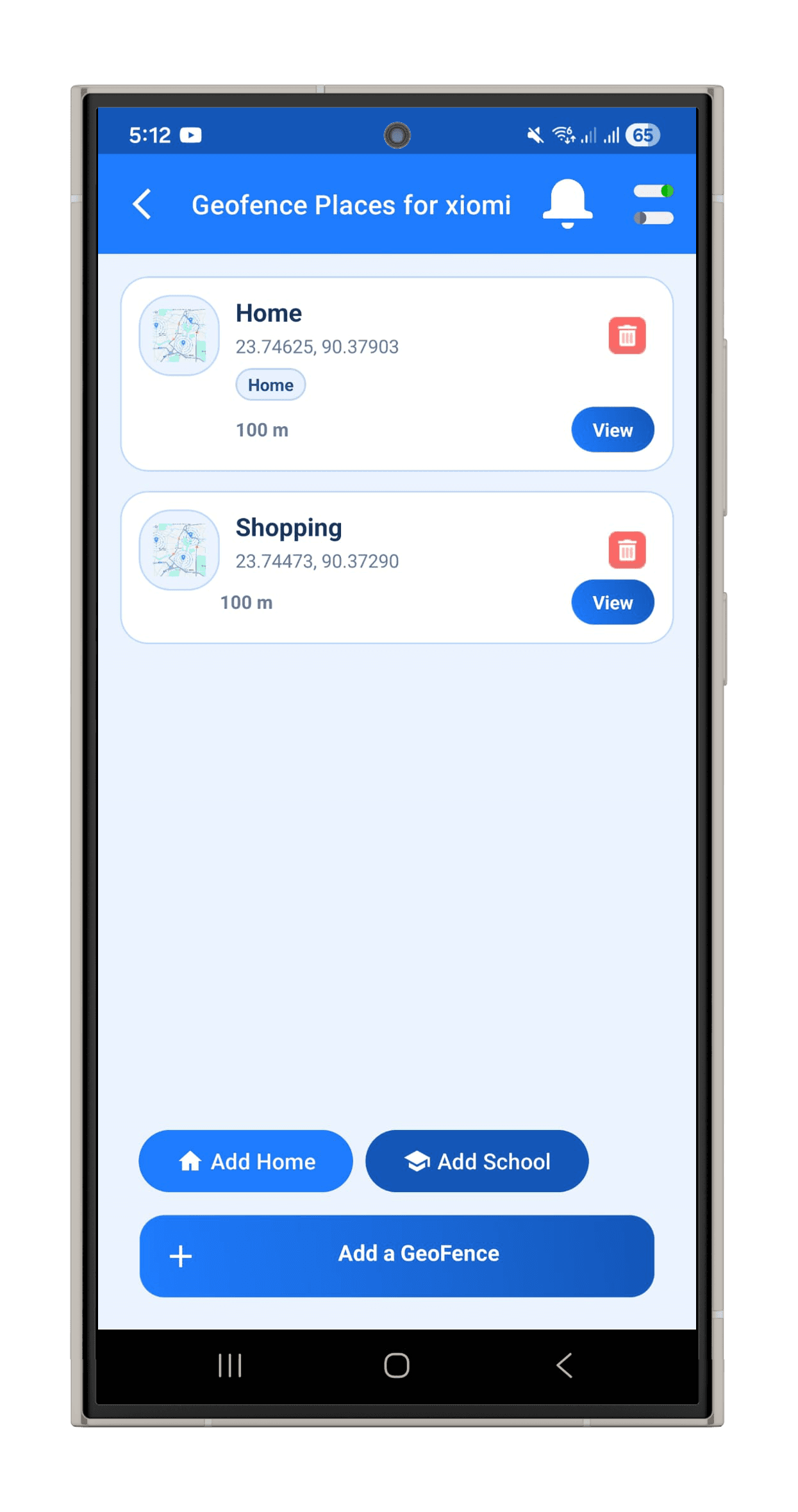 Android geofence places list