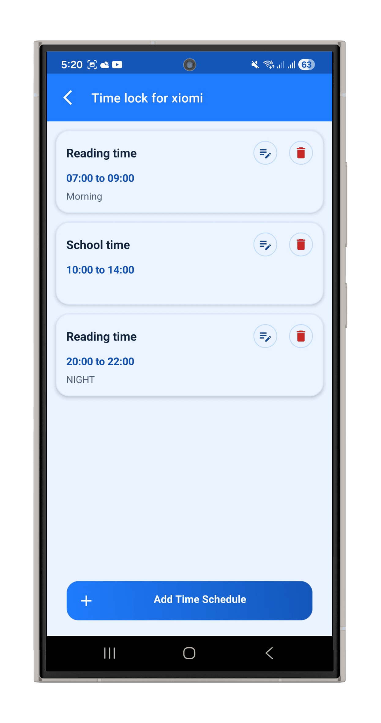 Android time lock schedules