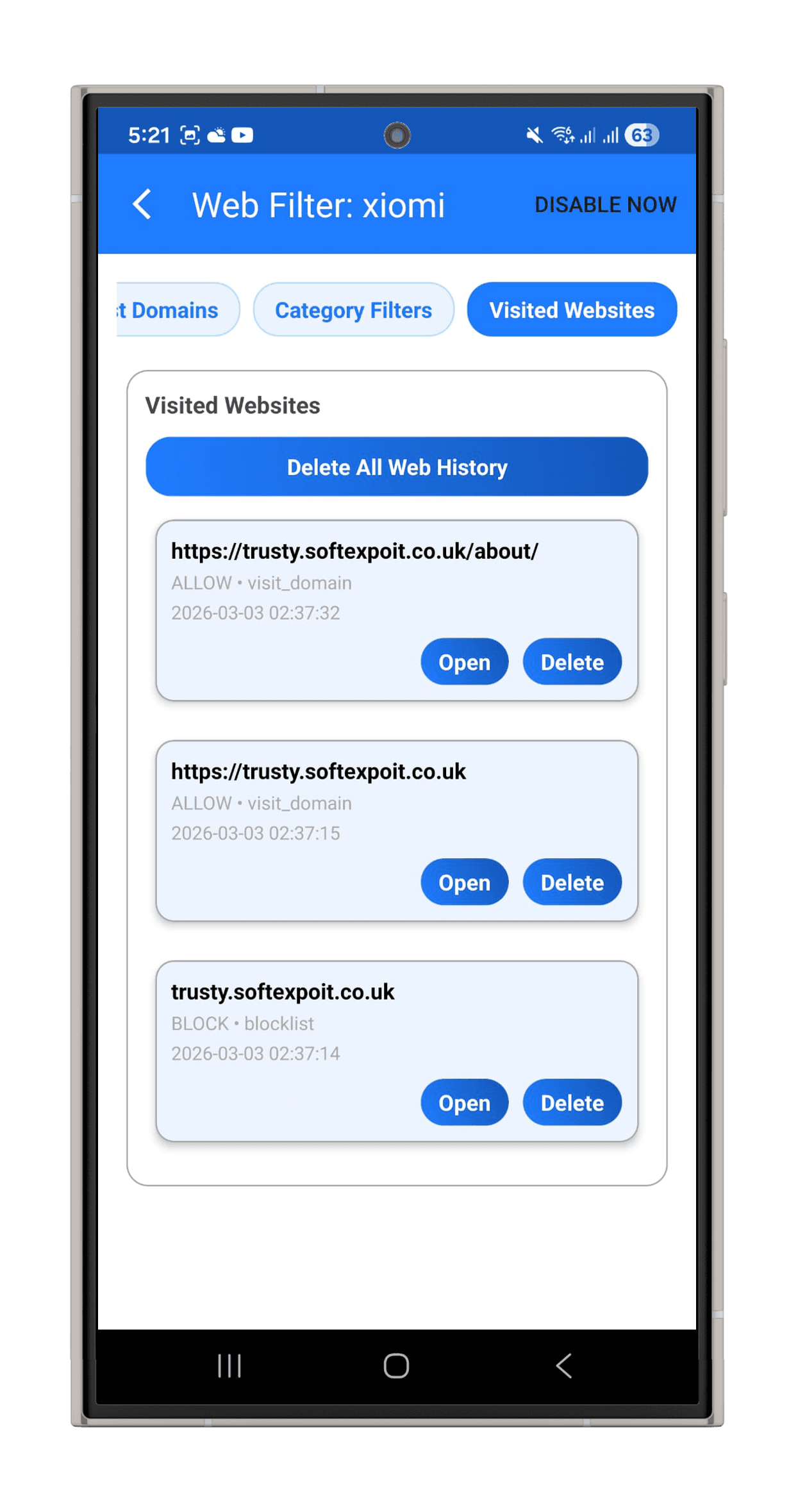 Android visited websites history