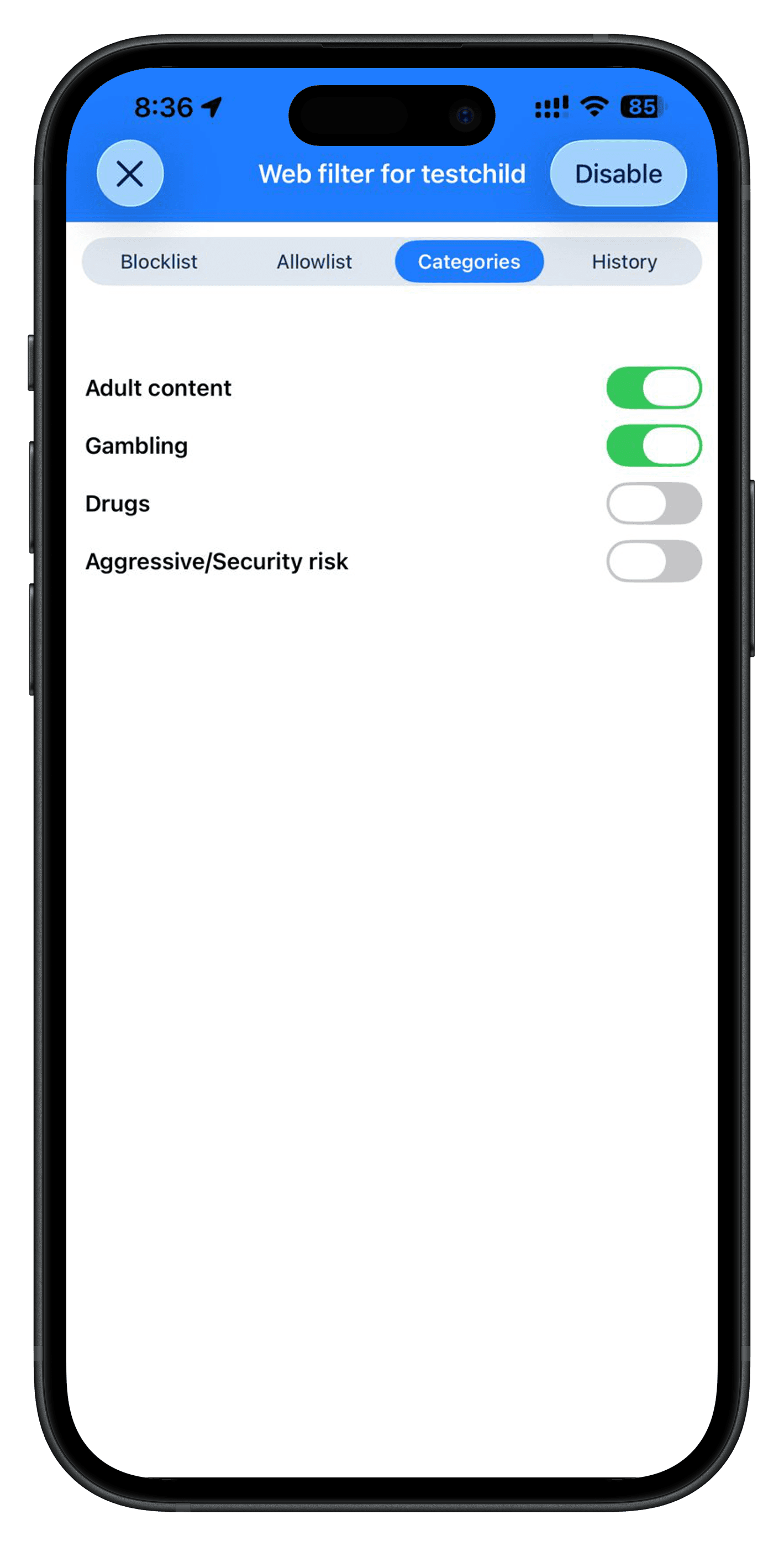 iOS web filter category controls