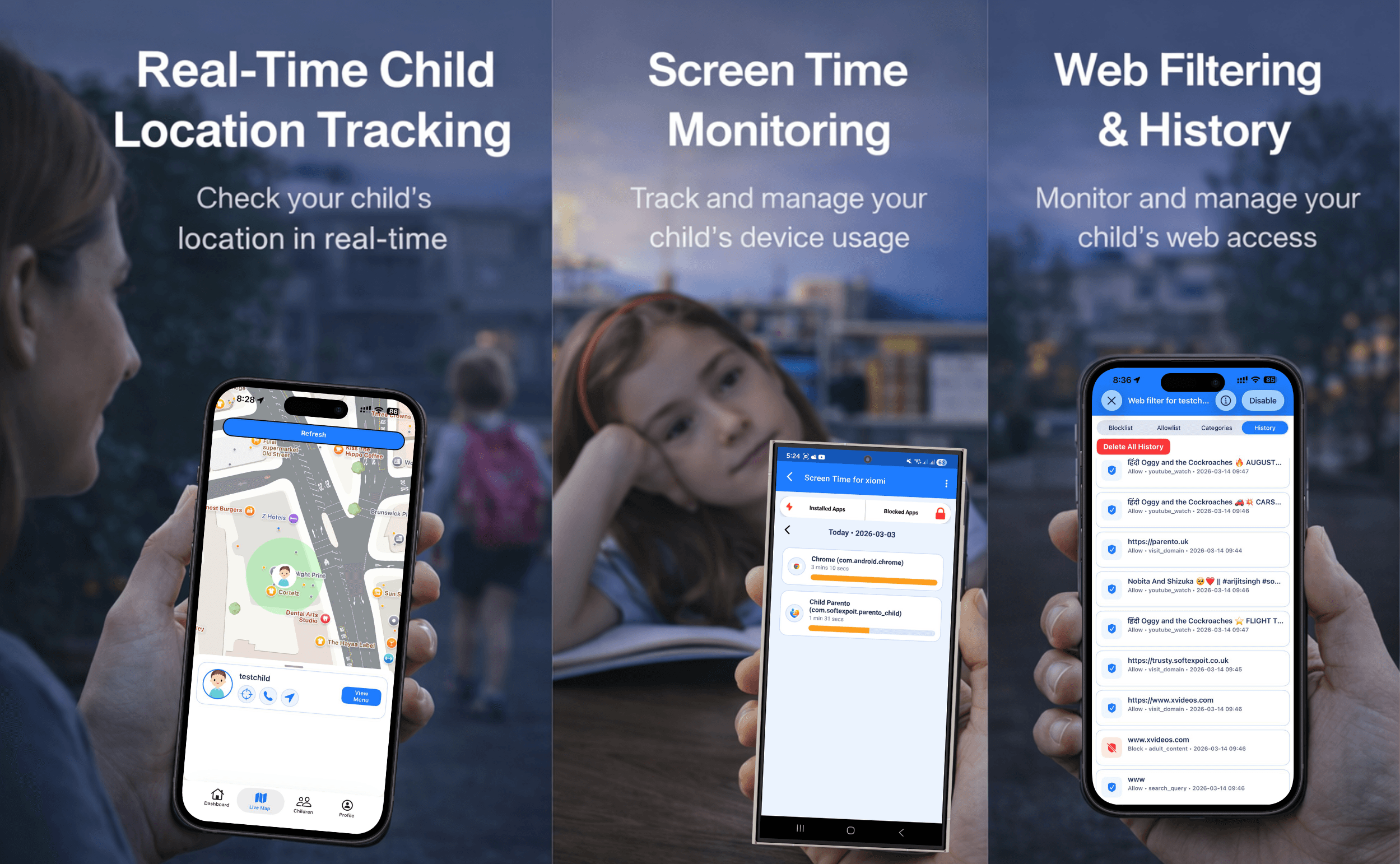 Parento child safety image showing live location and Emergency SOS support for families.